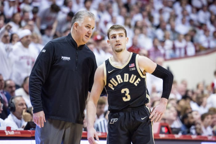Purdue Boilermakers head coach Matt Painter and guard Braden Smith (3) in the second half against the Indiana Hoosiers at Simon Skjodt Assembly Hall.